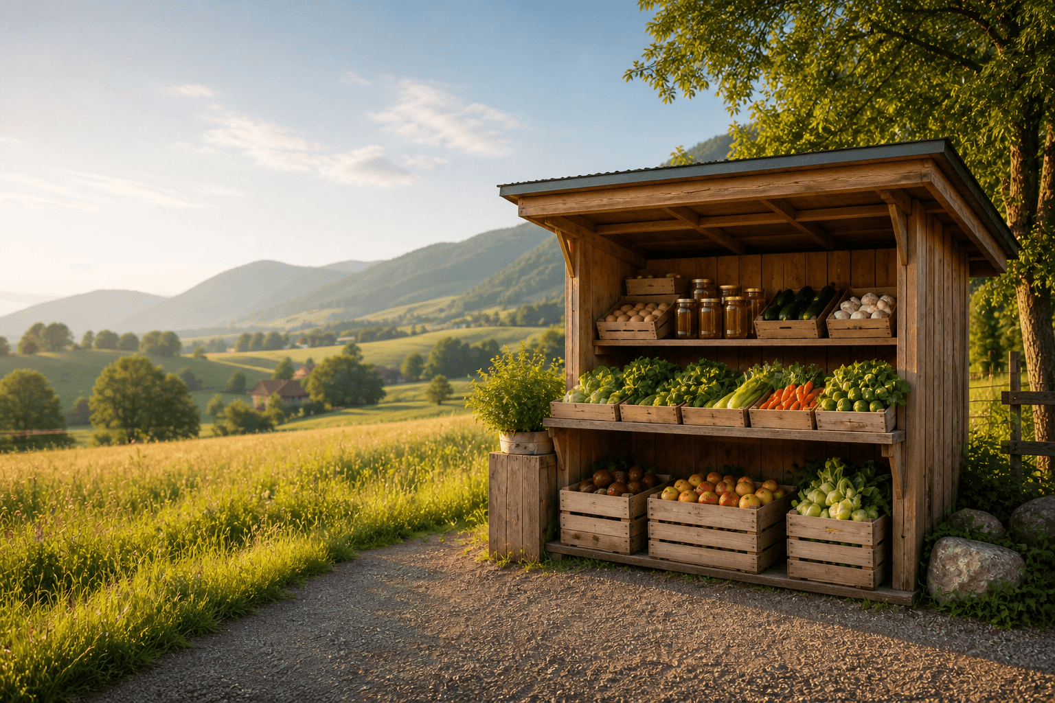 Realistic self-service farm stand with local products in the countryside